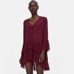 Brand New Zara Burgundy Frilled Pleated Tunic Dress